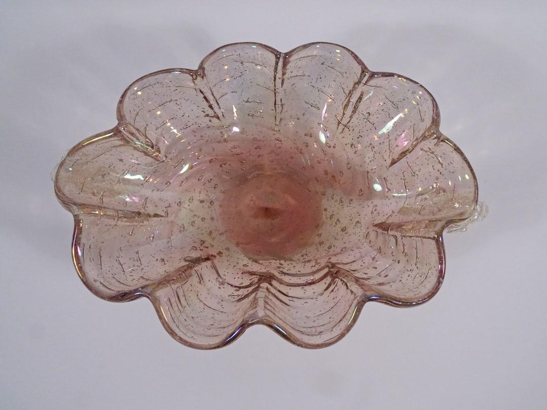 Murano Italian Art Glass Bowl: Murano Italian art glass bowl, pink iridescent cased with silver mica flakes, applied grape form handles, in the style of Ercole Barovier, unsigned, circa mid 20th c., 3 1/2" (h) x 10" x 6 1/2"