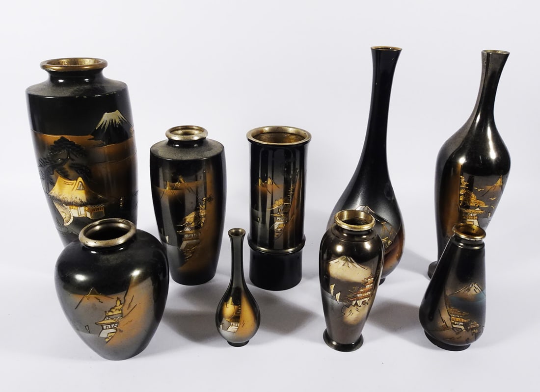 Japanese Mixed Metal Chokin Style Vase Grouping: Nine piece Japanese mixed metal Chokin style vase grouping, circa 20th c. Postwar Period, 4" (h)-unsigned, 4 1/2" (h)-signed on underside of base with paper label THE ORIENT INC. JAPAN, 4 1/4" (h)-sig
