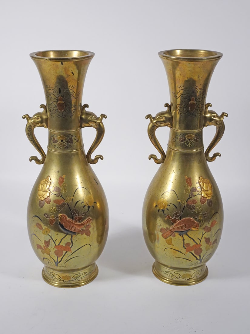 Pair of Japanese Mixed Metal Vases (1 of 2)