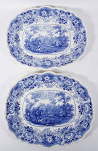 Pair William Adams English Ironstone Platters: Pair of William Adams and Co. English Ironstone platters, decorated with blue and white transferware pattern Andalusia, both are signed on underside with ADAMS impressed mark and blue under glaze Anda