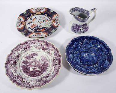 English Ironstone Transferware Grouping: Six piece English Ironstone transferware grouping, circa early 19th c. to late 19th c., William Adams and Co. Flow Blue Villas pattern 1" (h) x 8 3/4" plate-signed on underside with Stone China Fairy