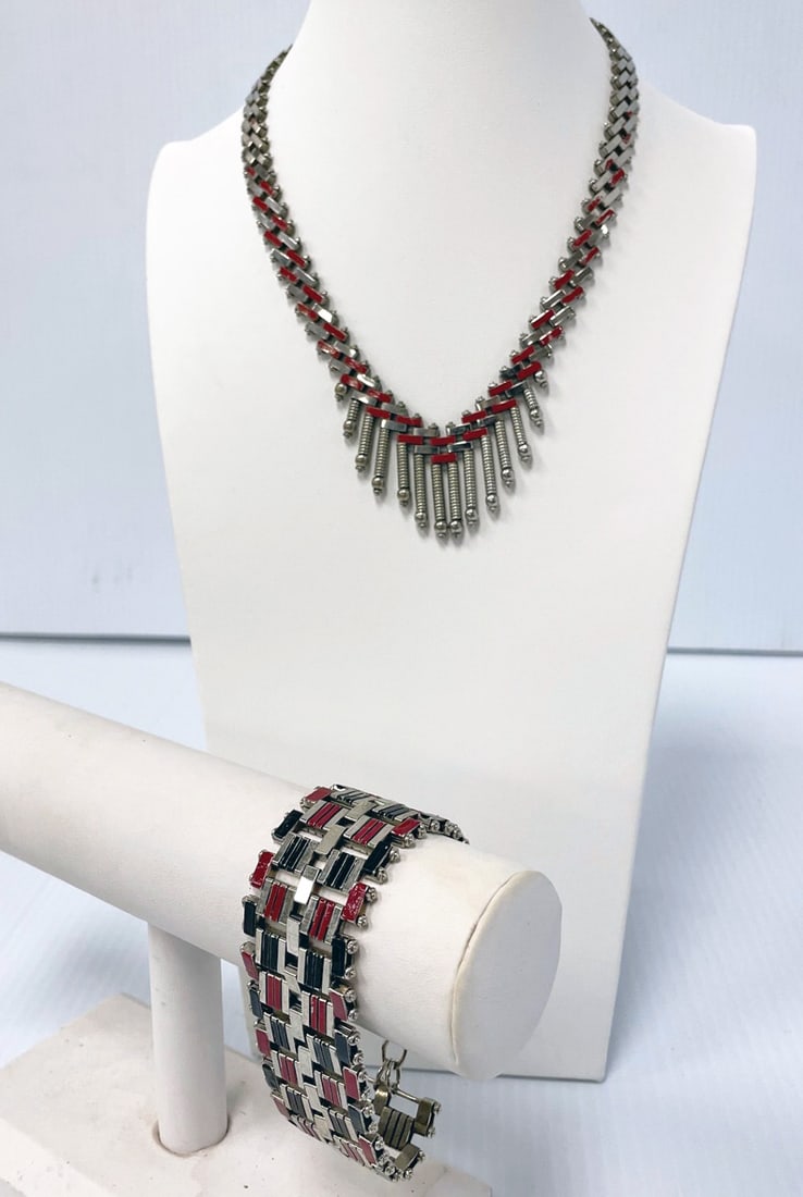 Jakob Bengel Art Deco Necklace and Bracelet Set: Jakob Bengel Art Deco necklace and bracelet set; black and red, chrome-plated 30mm wide bracelet and 10-40mm necklace; 16" long necklace; 7" bracelet