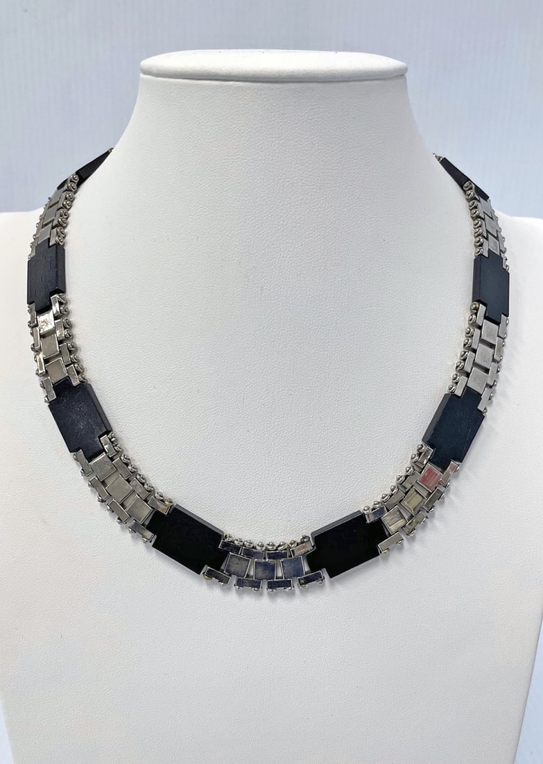 Jakob Bengel Art Deco enamel brickwork necklace: Jakob Bengel Art Deco enamel brickwork necklace: black early plastic links with chrome plated brickwork links; 16" long, 16mm wide