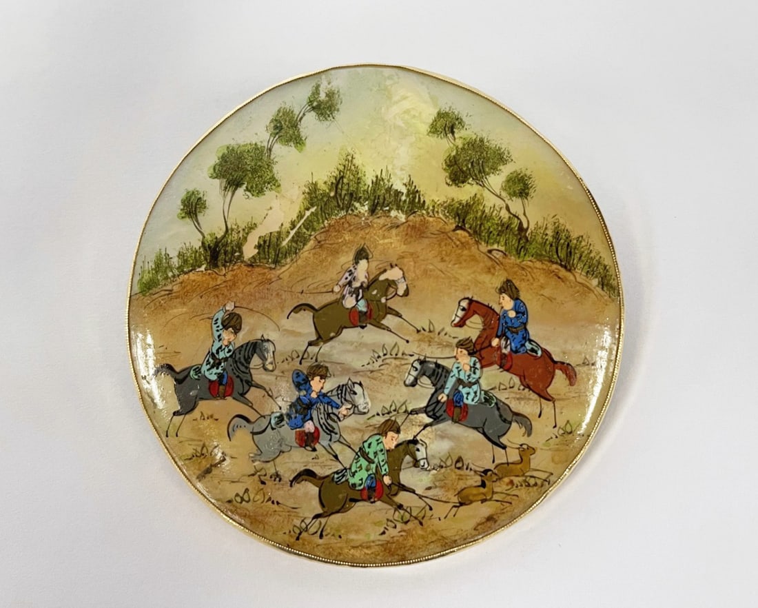 14K Gold Hand Painted Persian Mughal Brooch: 14K gold and hand painted on mother of pearl Persian Mughal brooch/pendant; scene of deer hunting riders on horseback in landscape; bezel, pin back and hinged pendant bale test 14K gold; 2 1/2" diamet