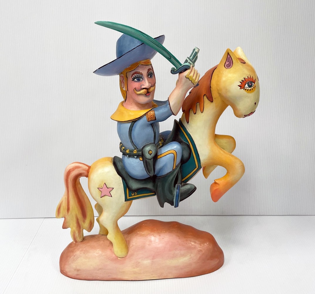 Rick Lowenkamp Carved Wood Sculpture: Rick Lownekamp (20th c. New Mexico artist, active) carved wood sculpture, untitled, depicts a U.S. Calvary soldier on horseback, signed and dated on verso along base Lowenkamp 1987 with limited editio