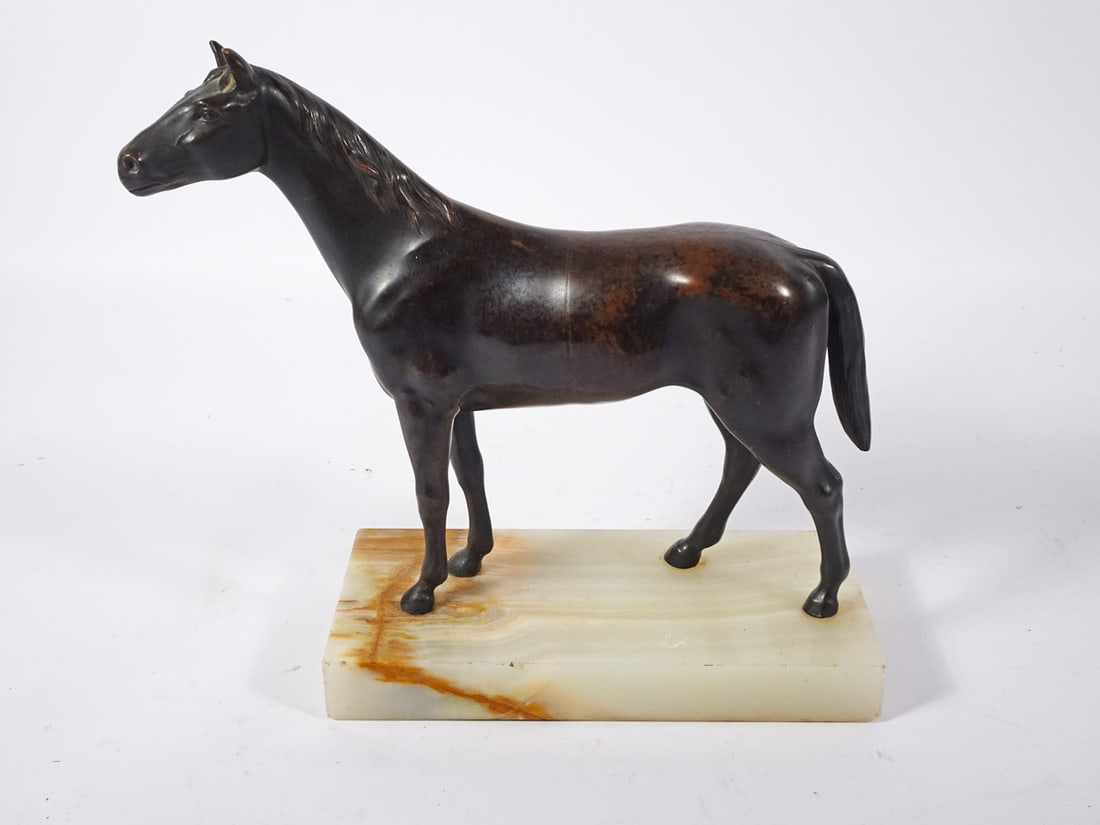 Bronze Horse Sculpture: Bronze horse sculpture mounted onto an alabaster base, unsigned, circa early 20th c. to mid 20th c., 7" (h) x 8" x 1 1/4" horse, 1" (h) x 7" x 3" alabaster base
