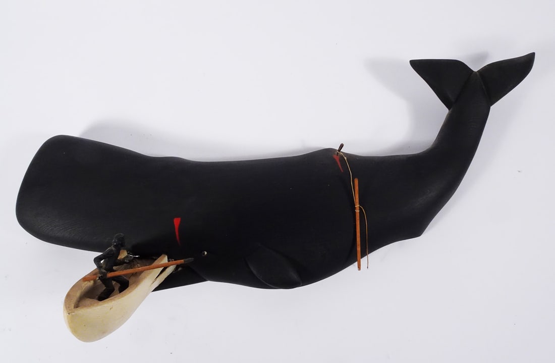 Folk Art Whale with Hunter Wood Carving: Folk art painted wood carving, whale being attacked by a whale hunter, with the boat being attacked by the whale, unsigned, 20th c., 9 1/2" (h) x 20 1/2" x 7"