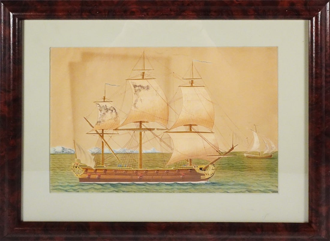 19th c. Continental School Watercolor on Paper: 19th c. Continental School watercolor on paper, unsigned and untitled, depicts a 30 gun Frigate in the forefront with a smaller vessel to its right, 13 3/4" (h) x 9 1/2" sight size, 16 1/2' (h) x 20 1