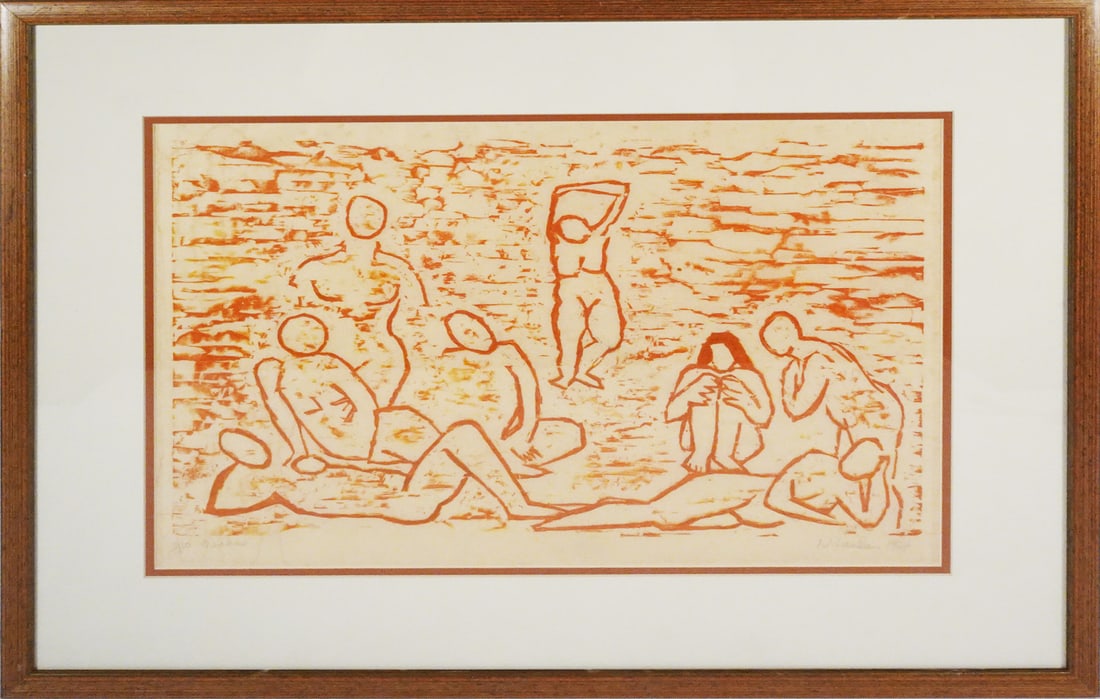 N. Landau Woodcut Print on Paper: N. Landau woodcut print on paper, untitled, depicts 8 abstract reclining nude figures, signed and dated lower right N. Landau 1964, 13" (h) x 19" sight size, 20 1/4" (h) x 26 1/4" frame size