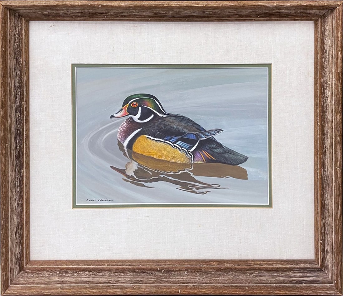 Louis Frisino Watercolor on Paper: Louis Frisino (Maryland artist, 1934-2020) watercolor on paper, untitled, depicts a Chesapeake Bay wetlands Wood Duck swimming, signed lower left Louis Frisino, 8 1/2" (h) x 11 3/4" sight size, 17" (h
