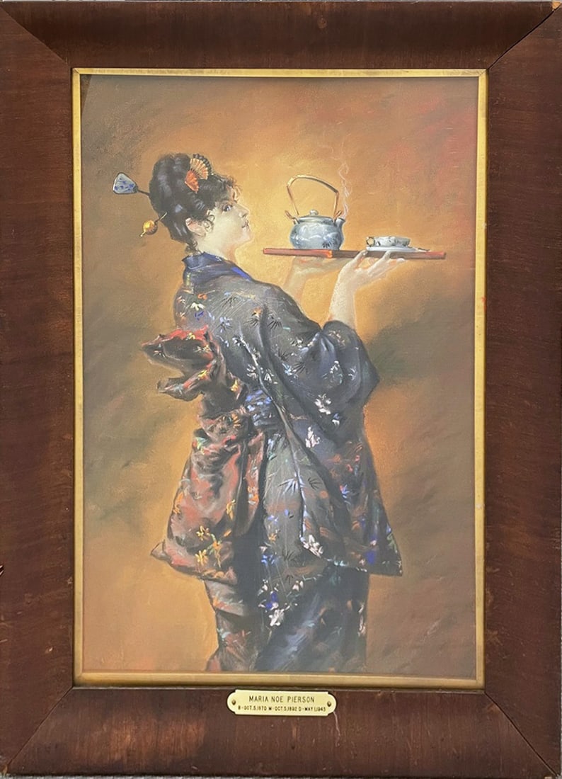 Maria Noe Pierson Pastel Portrait on Paper: Maria Noe Pierson pastel portrait on paper of a woman in geisha outfit holding a tray with teapot and teacup, unsigned, brass plaque on bottom center Maria Noe Pierson with dates B- Oct. 5,1870 M- Oct