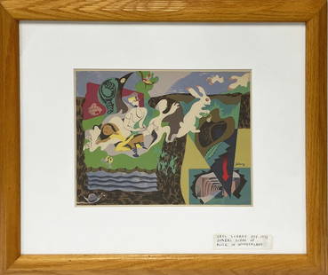 Saul Schary Color Silkscreen Print: Saul Schary (New York and New Jersey illustrator/artist, 1904-1978) color silkscreen print, titled "Down the Rabbit Hole", from one of a series of seven gouache and watercolor images conceived by the