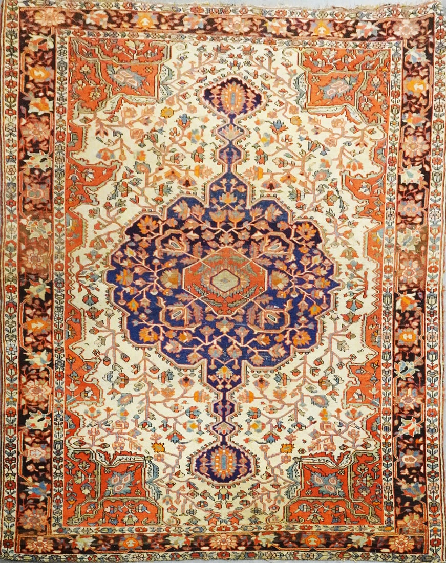 Hand Tied Persian Rug: Hand tied Persian rug, ivory field with multi color floral designs, circa early 20th c., 6'8" x 4'3"