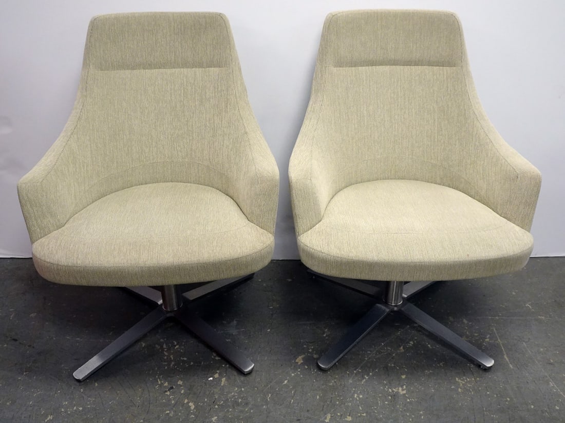 Pair of Cumberland Furniture Co. Lounge Chairs: Pair of Cumberland Furniture Co. Clover Lounge Hi Back swivel chairs, taupe upholstered tops on X leg chrome bases, both have Cumberland tags on undersides, circa contemporary 21st c., 38 1/2" (h) x 2
