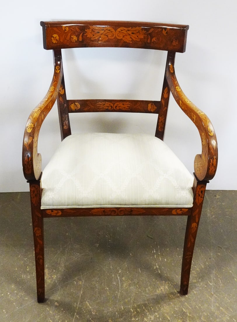 French Inlaid Mahogany Arm Chair: French mahogany arm chair with floral design marquetry inlay, custom upholstered seat, manufacturer unknown, circa early 20th c., 36" (h) x 23 1/2" x 24"
