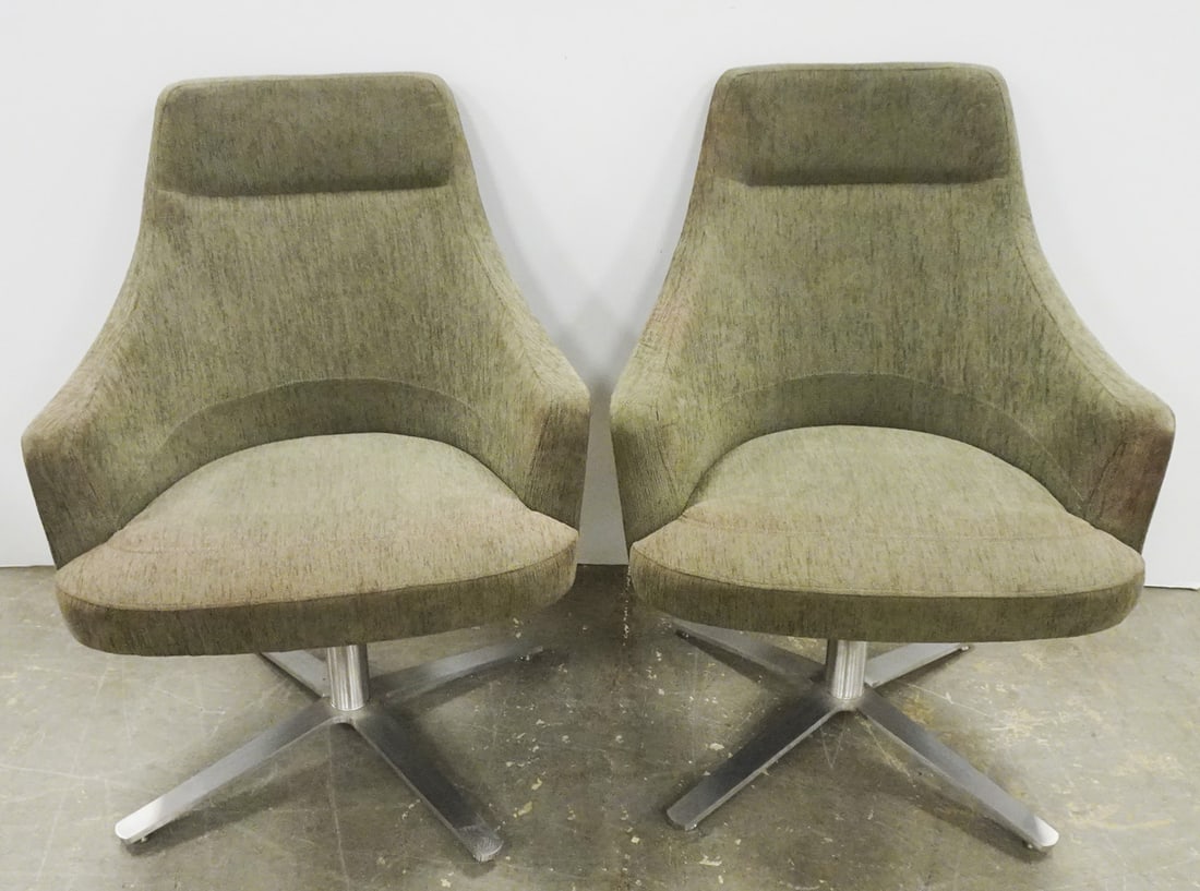 Pair of Cumberland Furniture Co. Lounge Chairs: Pair of Cumberland Furniture Co. Clover Lounge Hi Back swivel chairs, taupe upholstered tops on X leg chrome bases, both have Cumberland tags on undersides, circa contemporary 21st c., 38 1/2" (h) x 2