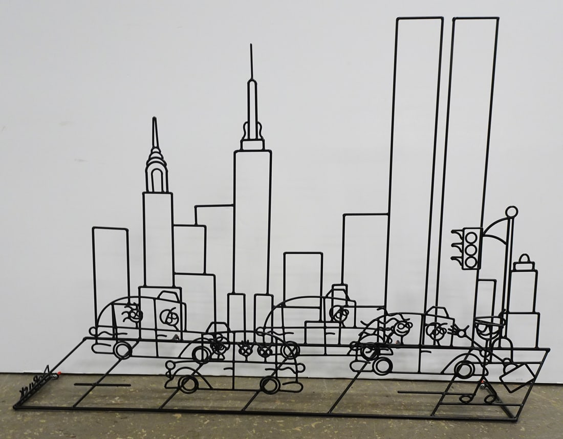 Barrett DeBusk Wired Metal Wall Sculpture: Barrett DeBusk (American artist, 1955-) wired metal wall sculpture, untitled, depicts New York City skyline with Twin Towers, signed lower left side DeBUSK, circa late 20th c., 30" (h) x 44" x 7"