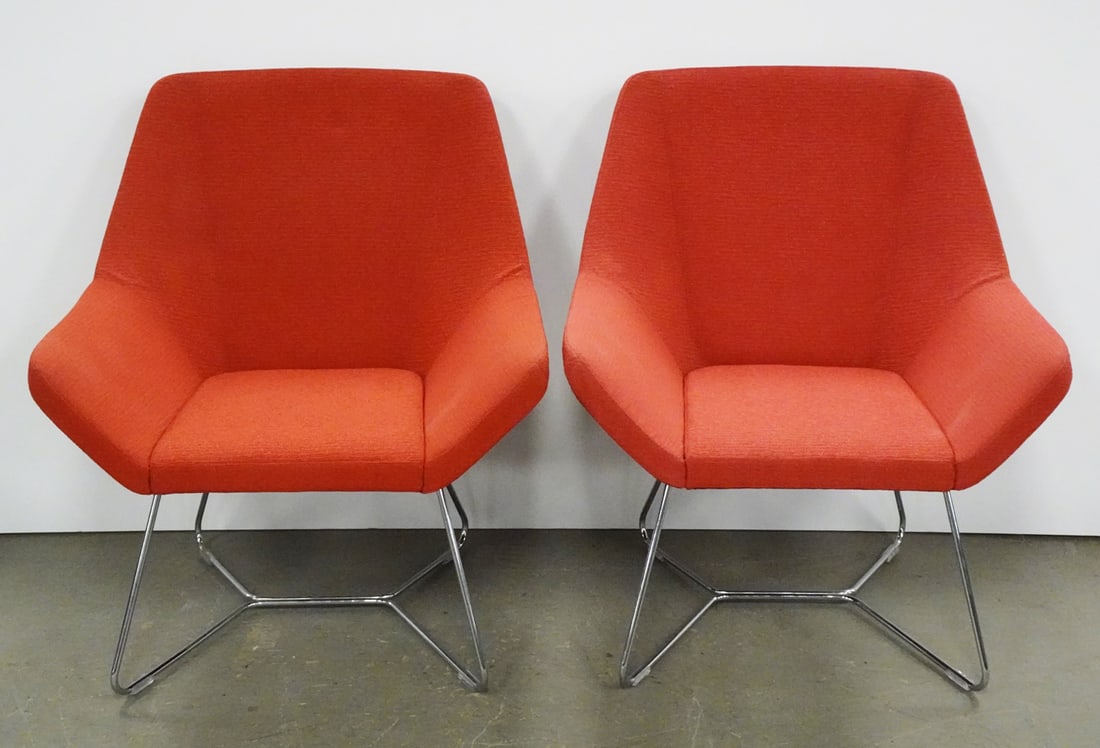 Pair of Keilhauer Cahoots Relax Chairs: Pair of Keilhauer Cahoots #9020 Relax Chairs on sled base, red upholstered with chrome legs, both have company tag attached on underside, circa contemporary 21st c., 33 1/4" (h) x 19 1/2" x 29 1/2"
