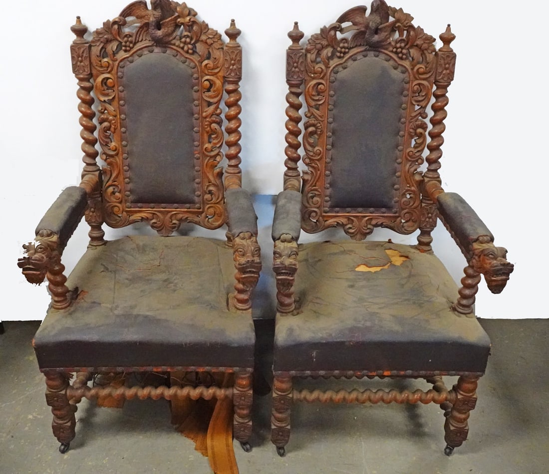 Pair of Carved Oak Jacobean Style Arm Chairs (1 of 1)