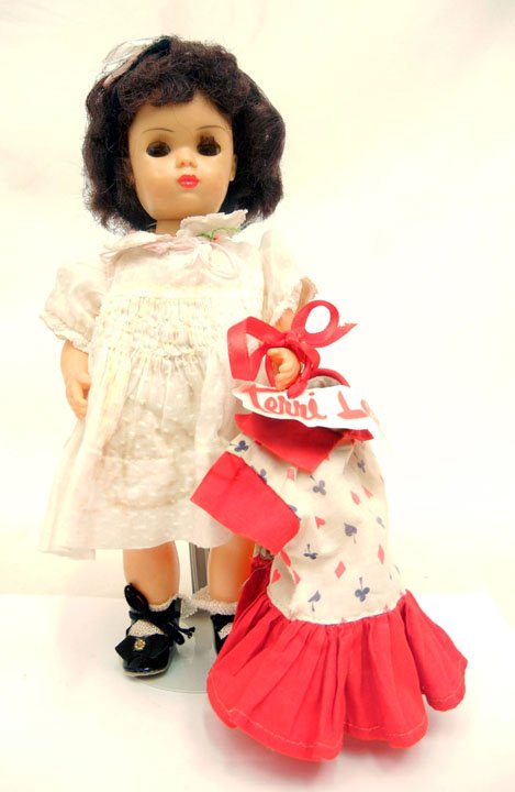 Terri Lee hard plastic doll with original clothing,: Terri Lee hard plastic doll with original clothing, brown sleep eyes, applied lashes, painted closed mouth, 10 1/2", ca. 1950s