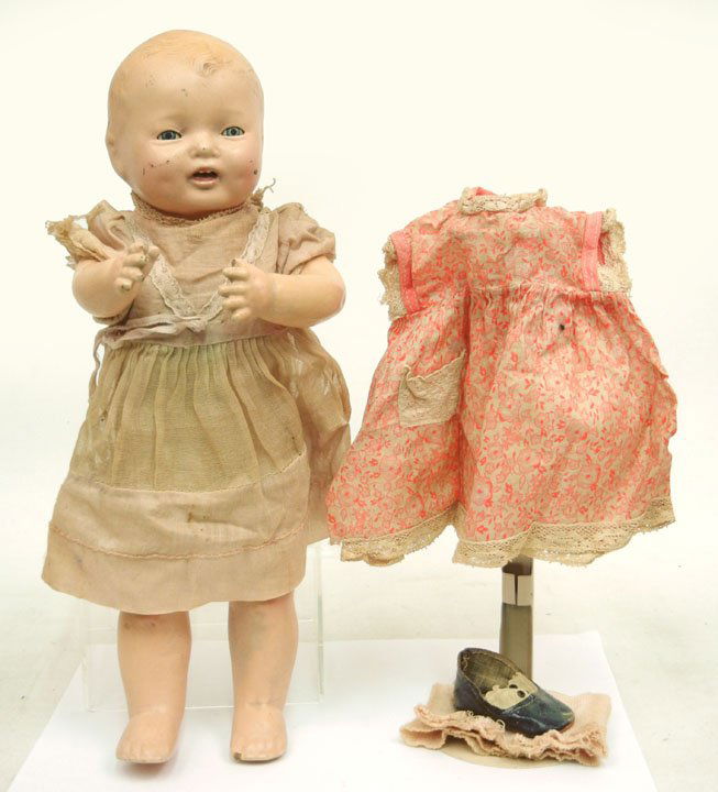 Effanbee "Bubble" composition doll, cloth body, com: Effanbee "Bubble" composition doll, cloth body, composition arms and legs, blue sleep eyes, open mouth with teeth, marked on back "Effanbee Bubbles, Copyr. 1924, Made in U.S.A", 13"