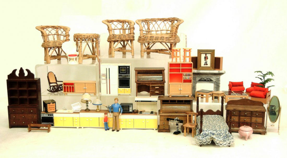 Collection of doll house furniture, including wicke: Collection of doll house furniture, including wicker patio set, beds, secretary desks, china cabinets, kitchen cabinets, fire place, coffee tables, two figurines, and more
