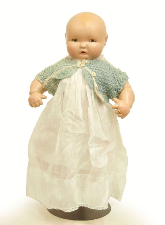 Effanbee Lambkin composition and cloth doll, blue: Effanbee Lambkin composition and cloth doll, blue sleep eyes, painted lashes, open mouth, ring on left hand, wearing sweater, dress, slip, and underwear, embossed copyright mark and "Lambkins" on back