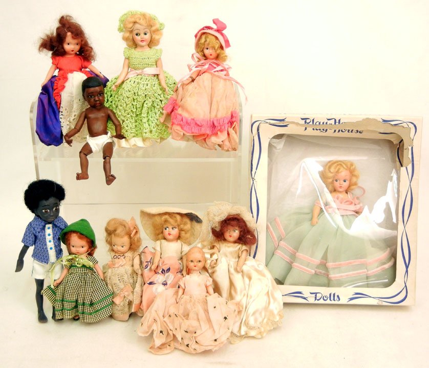 Grouping of Nancy Ann bisque storybook dolls, and : Grouping of Nancy Ann bisque storybook dolls, and some additional bisque and hard plastc dolls, one bisque marked "Joey" D35, CR75, Condon, Niada 34" one Duchess Doll Corp hard plastic doll in origina