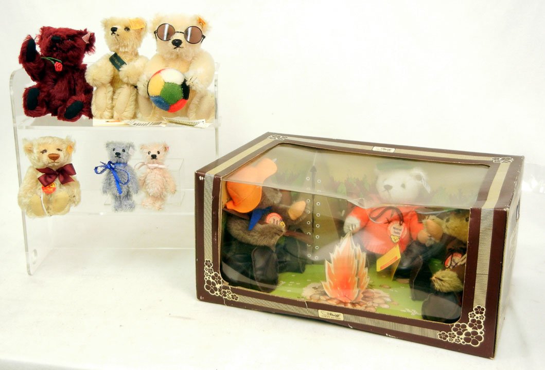 Nine Steiff bears, including one boxed set of thre: Nine Steiff bears, including one boxed set of three Nimrod teddies, miniature bears in pink and blue, Millenium Teddy Bear 1999, Mini Dew Drop, "Steiff North America Club Event 2002", and a bear with 