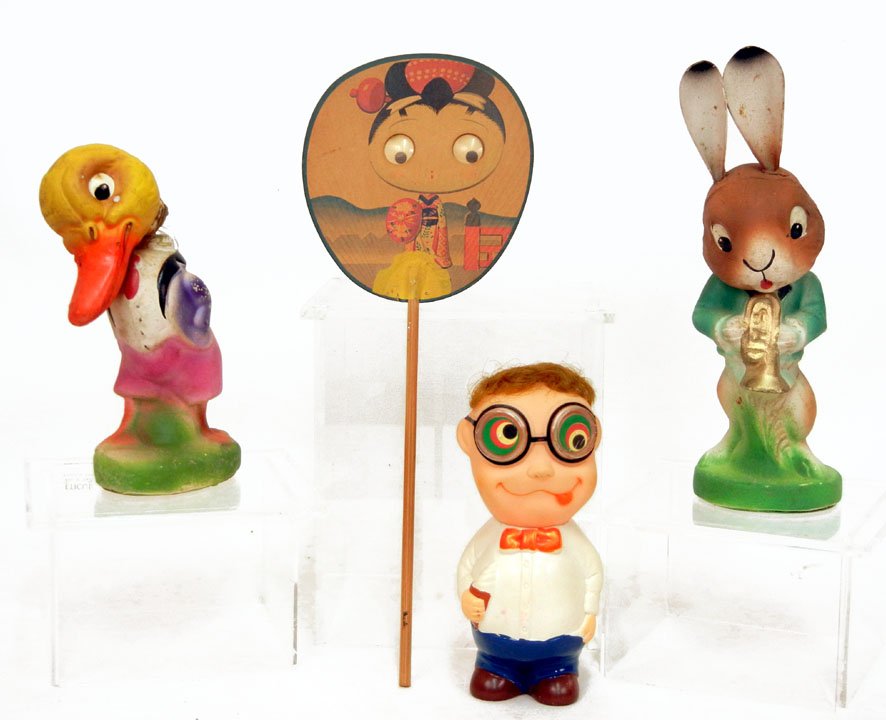Grouping of two German papier mache candy containe: Grouping of two German papier mache candy containers, child's Japanese figural hand fan with googly eyes, and a Parksmith googly eyed squeeze toy, largest measures 12"
