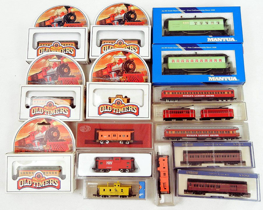 Grouping of N gauge and HO gauge trains, including: Grouping of N gauge and HO gauge trains, including Bachmann 1860 Old Timers N gauge train set, two Bachmann, Model Power, two Con-Cor, and two Mantua
