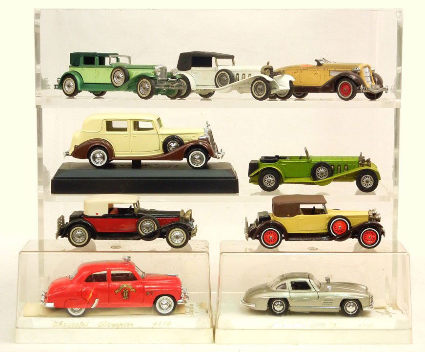 Nine Lesney "Matchbox" Models of Yesteryear, Solid: Nine Lesney "Matchbox" Models of Yesteryear, Solido Cars, including two Packard Victoria 1930, Auburn 851 Supercharged Speedster 1935, 1930 Model "J" Duesenber Town Car, two 1928 Mercedes Benz "SS", C