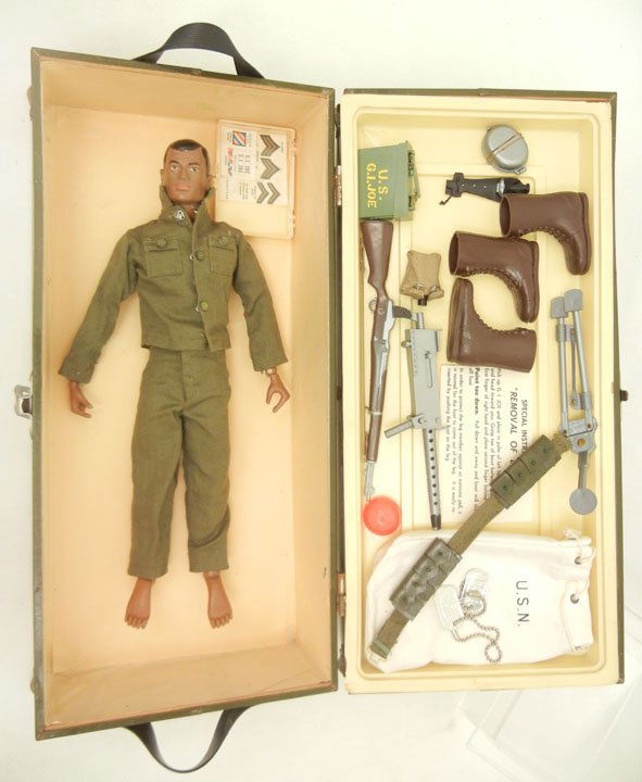 G.I. Joe figure, in G.I. type foot locker, with ac: G.I. Joe figure, in G.I. type foot locker, with accessories, including boots, guns, dog tags, canteen, and more