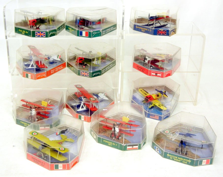Set of twelve Edison Air Line H.F. aircrafts in or: Set of twelve Edison Air Line H.F. aircrafts in original boxes, including two Fokker Dr. 1 1917, two Ansaldo Sopwith "Baby" 1916, two R.A.F. S.E. 5a 1917, Gee Bee Super Sportster 1933, Aviatik D.1 "Be