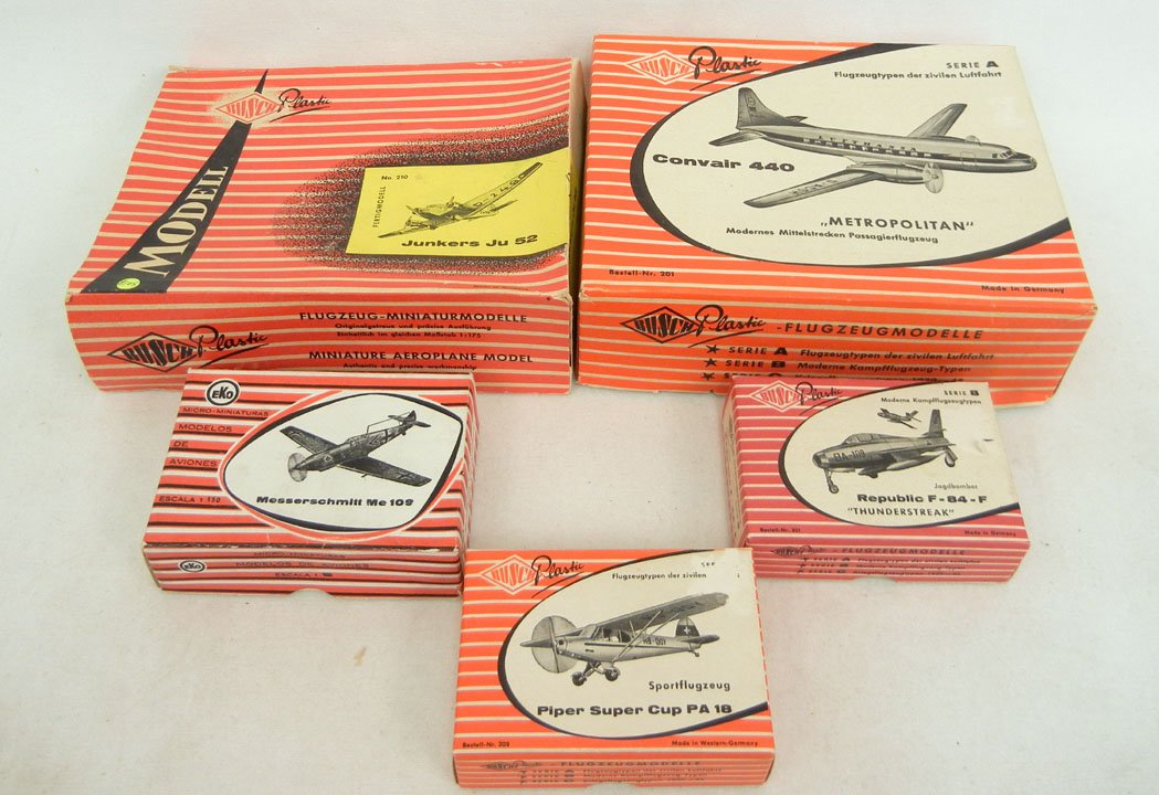 Five Busch plastic aircraft models, Made in German: Five Busch plastic aircraft models, Made in Germany, all in original boxes, including Convair 440, Junkers Ju 52, Messerschmitt ME 109, Republic F-84-F, and Pip Super Cup PA 18