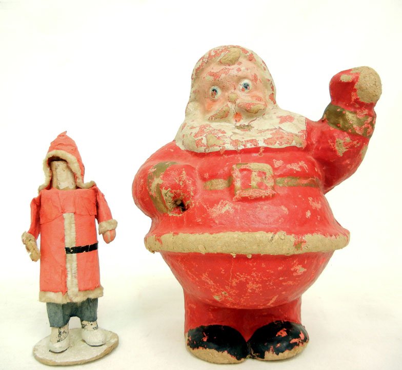 Papier mache waving Santa and a cardboard St. Nich: Papier mache waving Santa and a cardboard St. Nicholas marked "Made in Japan" on bottom, 8 3/4"