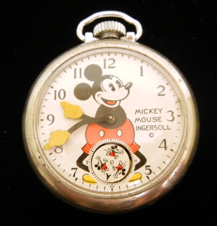 Ingersoll Mickey Mouse pocket watch, three running: Ingersoll Mickey Mouse pocket watch, three running Mickey's for second hand, embossed on back "Ingersoll Mickey Mouse" and has Mickey Mouse in center, 2" diameter