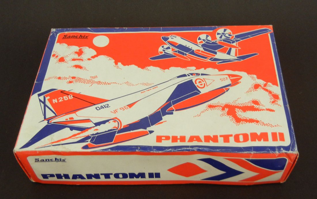 Sanchis Phantom II in original box, model aircraft: Sanchis Phantom II in original box, model aircraft, model 258, made in Spain, friction wheels, box size 15 1/2"