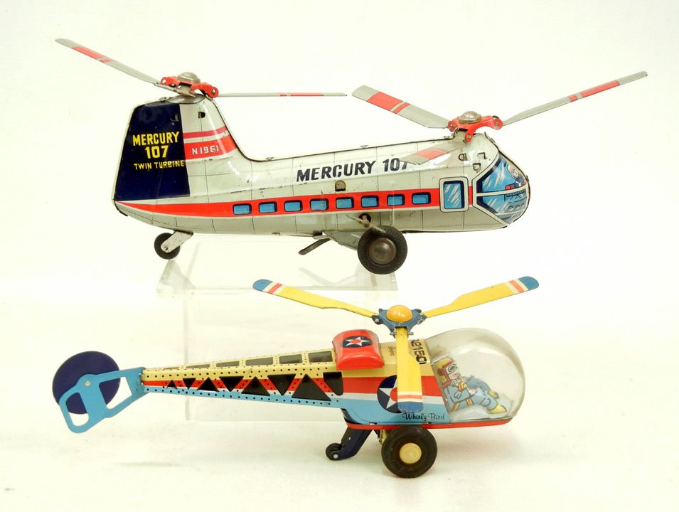 Two tin litho helicopters, Marx Mercury 107 Twin T: Two tin litho helicopters, Marx Mercury 107 Twin Turbine, and a Schylling Whirly Bird