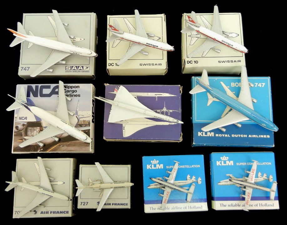 Grouping of ten small scale diecast aircrafts, inc: Grouping of ten small scale diecast aircrafts, including Schuco Concorde 335 789, Schuco 335 786 and 335 787 Boeing 707, Schuco 335 793 Boeing 747, Schabak Nr. 901/8 Boeing 747, Schabak 901/101, NCA B