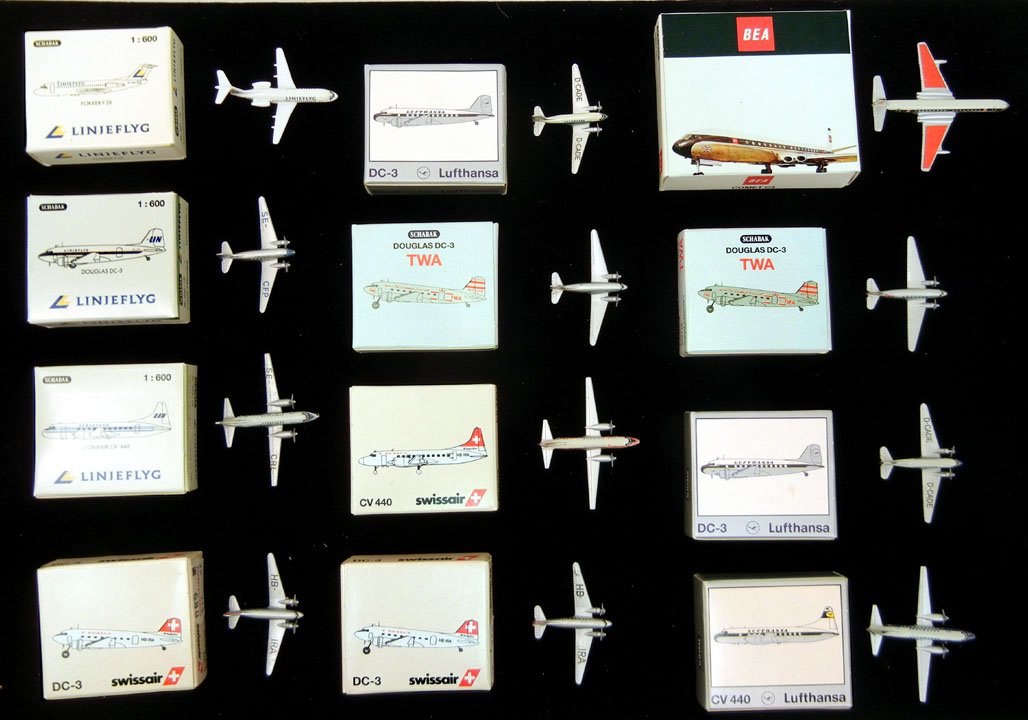 Twelve Schabak small scale diecast aircrafts, incl: Twelve Schabak small scale diecast aircrafts, including two Nr. 931/70 Fokker F28 and Douglas DC-3, Nr. 933/70 Convair CV-440, two Nr. 932/4 Douglas DC-3, Nr. 933/4 CV 440, two Nr. 932/1 Douglas DC-3,
