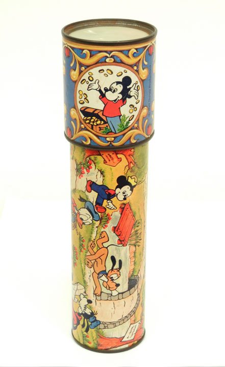 Walt Disney Productions Kaleidoscope, showing imag: Walt Disney Productions Kaleidoscope, showing images of Mickey, Pluto, Goofy, Donald Duck, Minnie Mouse, and others on the outside, 8 7/8"