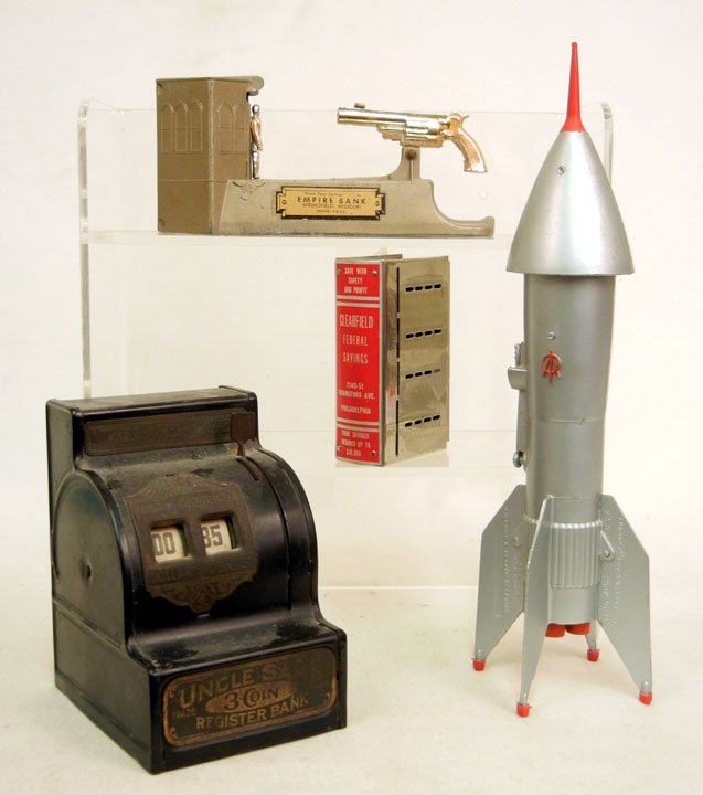 Four banks, including Uncle Sam's 3-Coin Register: Four banks, including Uncle Sam's 3-Coin Register Bank, Astro MFG Co. mechanical rocket bank, "Shoot your savings"… to Empire Bank Springfield Missouri mechanical bank, and a Clearfield Federal Savi