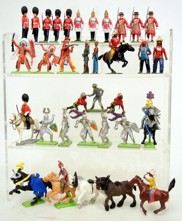 Grouping of thirty-four diecast Britains figurines: Grouping of thirty-four diecast Britains figurines, including diecast metal and plastic Deetail Indians, cowboys, horses, knights, and soldiers