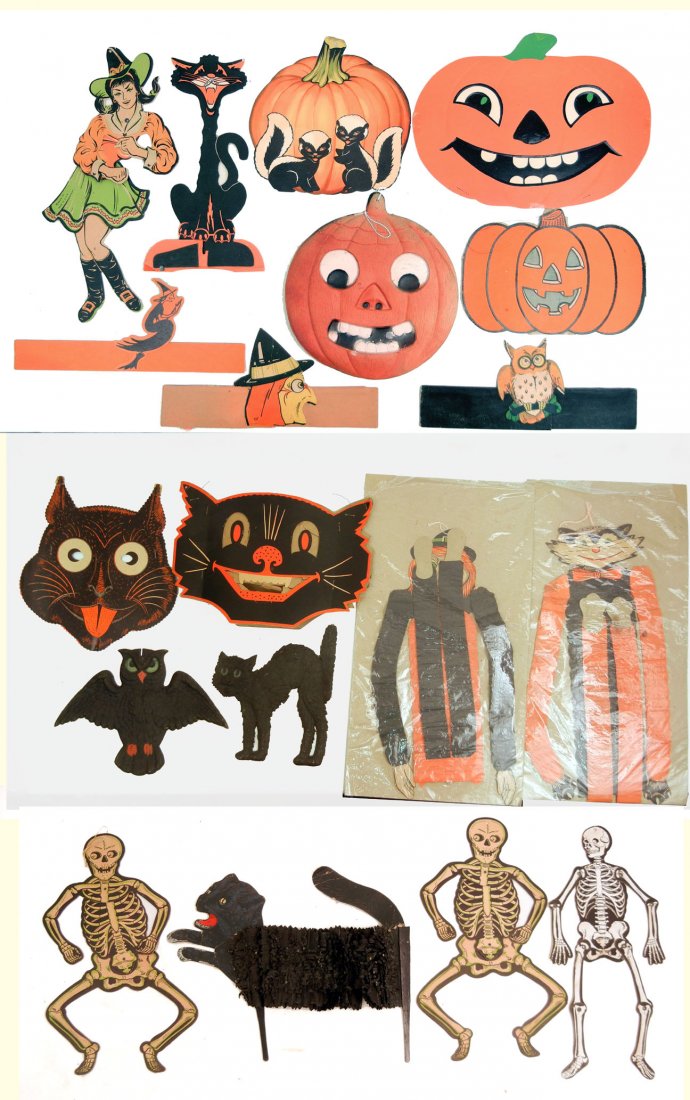 Grouping of Vintage Halloween diecuts: Grouping of nineteen vintage Halloween diecuts incl. embossed Germany Owl, Cat and Pumpkin, also some made in Japan, made in USA, Beistle and Dennison