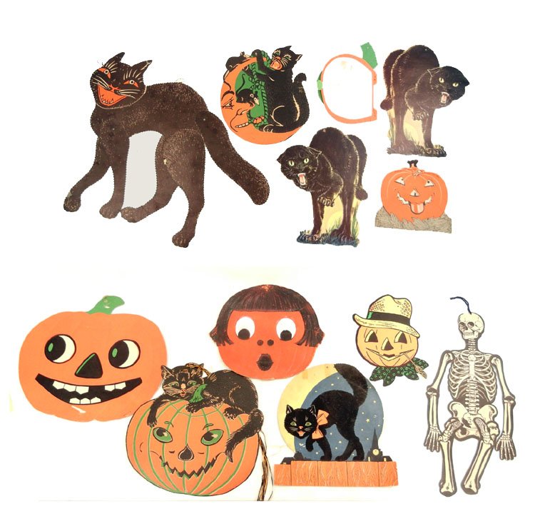 Twelve Vintage Halloween Decorations diecuts: Twelve vintage Halloween decorations incl. diecuts, embossed and hinged, honeycomb pumpkin, Beistle, Luhrs and Germany.