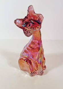 Fenton Glass Alley Cat Figure: Fenton Art Glass Co. Alley Cat figure, iridescent dusty rose carnival glass color, special edition produced for QVC, unsigned, circa 1992, 11" (h) x 4 1/2" x 5 3/4"