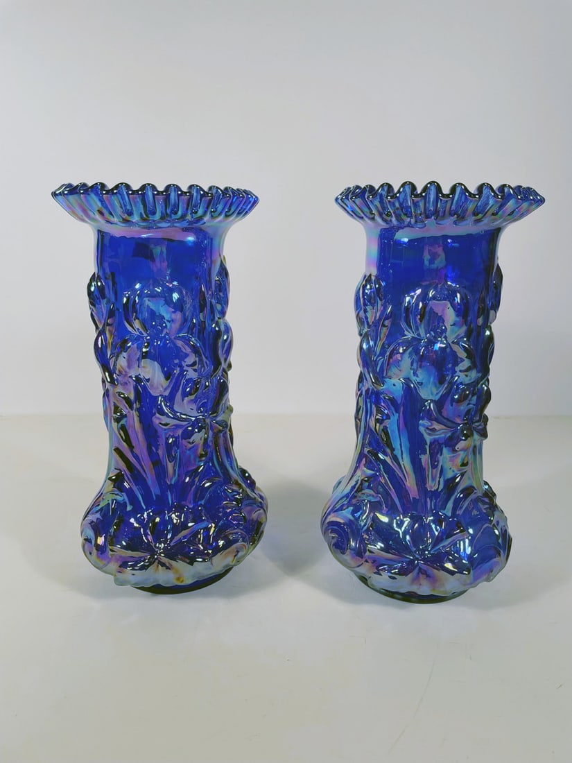 Pair of Fenton Glass Heavy Iris Pattern Vases (1 of 2)