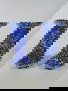 Pair of Fenton Glass Heavy Iris Pattern Vases: Pair of Fenton Art Glass Co. Heavy Iris pattern vases, iridescent blue carnival glass color, produced exclusively by Fenton for David Singleton Bailey, both are signed with Fenton paper label, circa