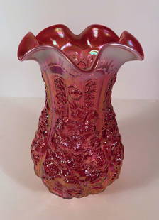 Fenton Glass Poppy Show Pattern Vase: Fenton Art Glass Co. Poppy Show pattern vase, pink opalescent color, produced exclusively by Fenton for David Singleton Bailey, signed on underside of base with Fenton in oval circle mark, circa 2011